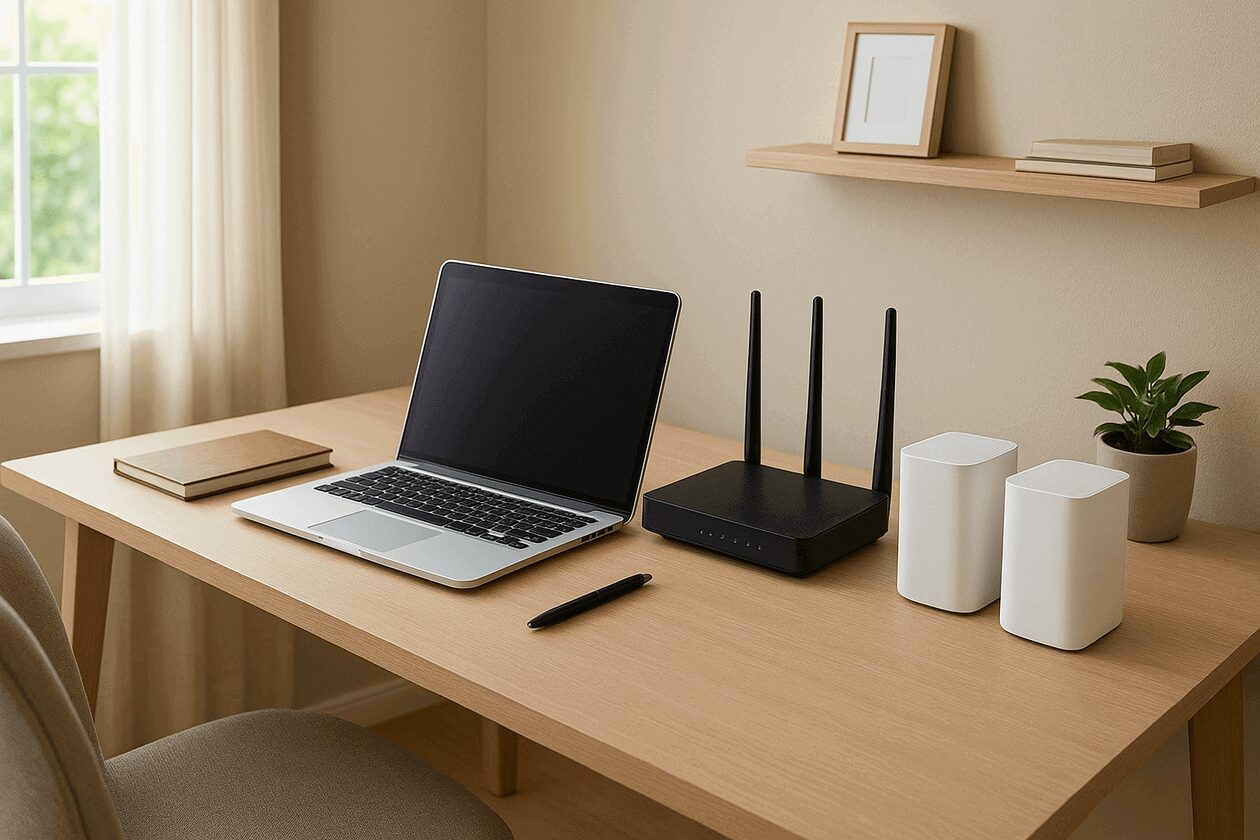 Modern Home Office with Router and Mesh Network Setup